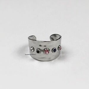 New Free People Silver Textured Open Cuff Cubic Zirconia Statement Ring